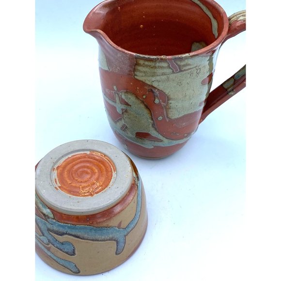 Hand Made Pottery Art Large Mug Pitcher With Small Matching Bowl /Cup - Picture 9 of 10